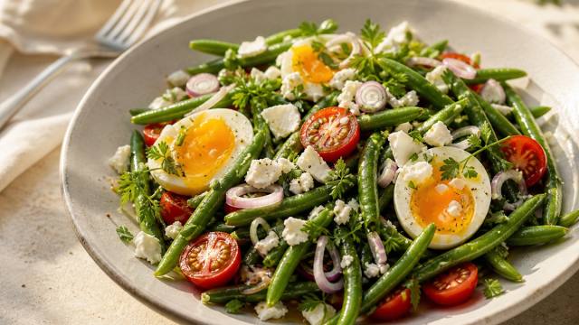 Salade de haricots verts croquants aux œufs mollets, tomates, feta et échalote