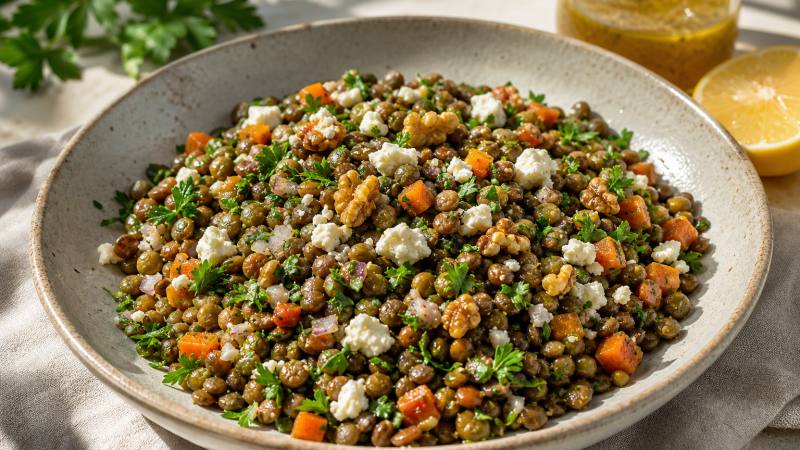 Salade de lentilles vertes, feta, noix et persil dans une assiette en grès