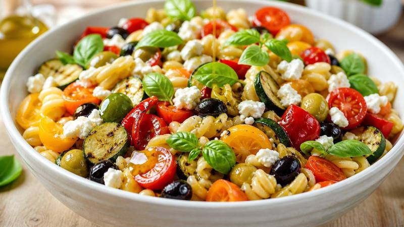 Grand plat de salade de pâtes avec tomates, courgettes grillées, feta, olives et basilic