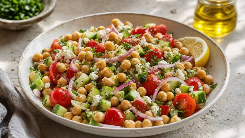 Salade de pois chiches au concombre, tomates, feta et persil