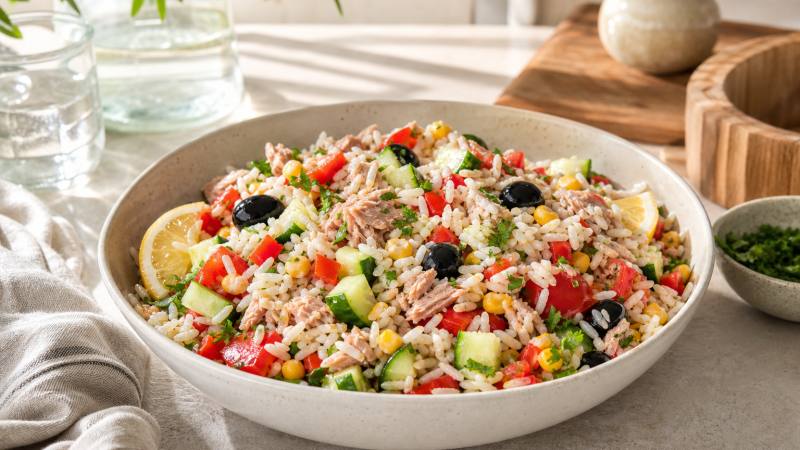 Salade de riz au thon, concombre, tomate, maïs et olives