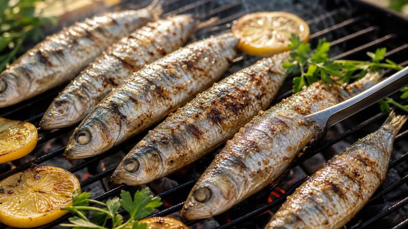 Sardines entières grillées sur une grille de barbecue avec citron et persil