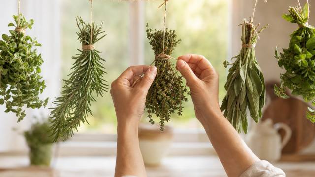 Bouquets de thym, romarin, sauge et origan suspendus pour sécher dans une cuisine lumineuse