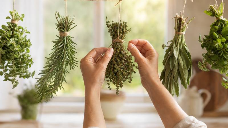 Bouquets de thym, romarin, sauge et origan suspendus pour sécher dans une cuisine lumineuse