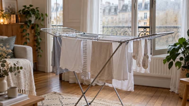 Étendoir avec linge espacé près d’une fenêtre entrouverte