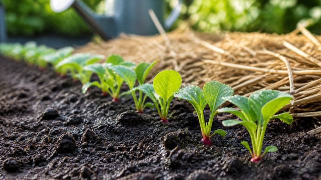 Jeunes radis qui poussent dans une terre fraîche et paillée au potager
