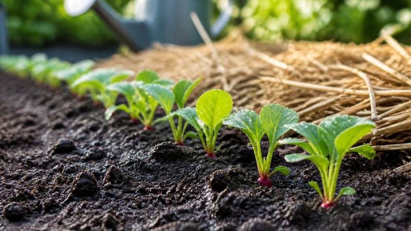 Jeunes radis qui poussent dans une terre fraîche et paillée au potager
