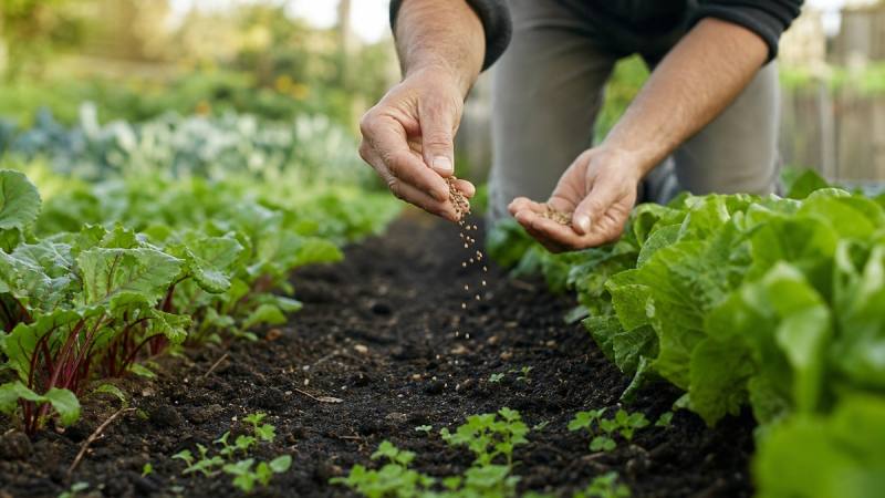 Mains semant un engrais vert sur une planche libre du potager