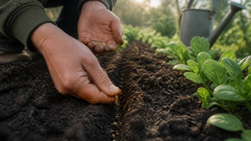 Semis d’épinards dans un sillon de terre fraîche au potager