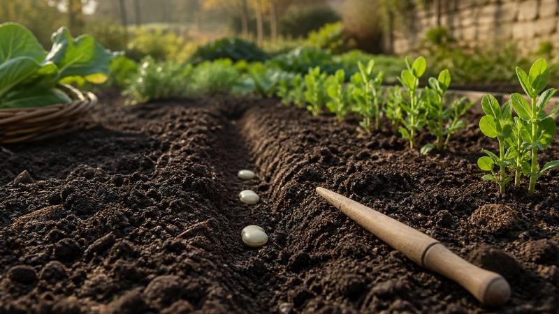Graines de fèves placées dans un sillon au potager en automne