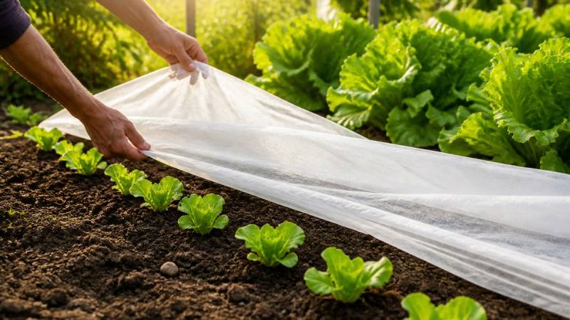 Jeunes laitues d’hiver protégées par un voile léger au potager
