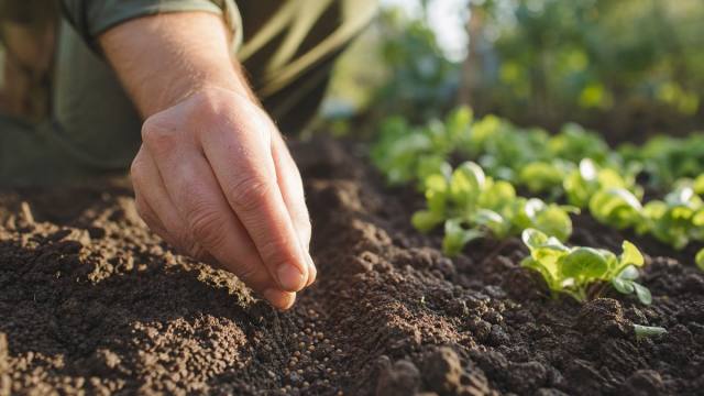 Main semant de petites graines de mâche dans un sillon de potager