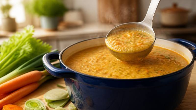 Cocotte de soupe de légumes d’automne avec carottes, poireau et céleri