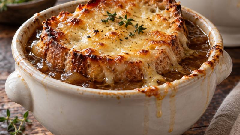 Soupe à l’oignon gratinée servie avec une tranche de pain dorée sous le fromage