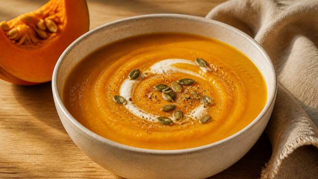 Soupe de potimarron veloutée avec graines de courge dans un bol en grès