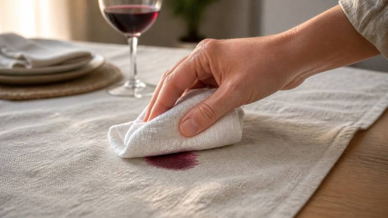 Main absorbant une tache de vin rouge fraîche sur une nappe en lin