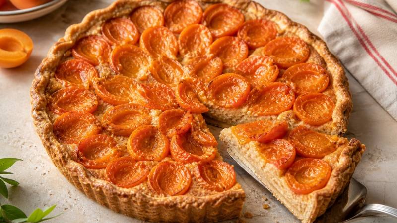 Tarte aux abricots dorée avec une part servie sur une pelle à tarte