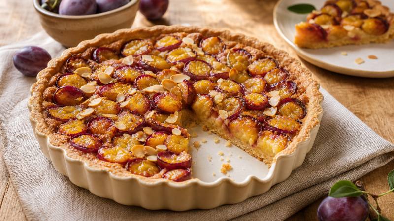 Tarte aux mirabelles dorée avec une part découpée