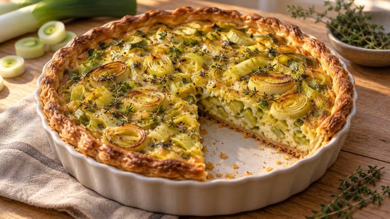 Tarte aux poireaux dorée avec une part découpée et un fond de pâte croustillant