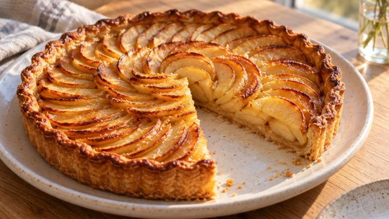Tarte aux pommes dorée avec une part retirée et un fond de pâte croustillant