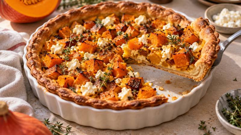 Tarte salée au potimarron rôti et feta avec une part soulevée