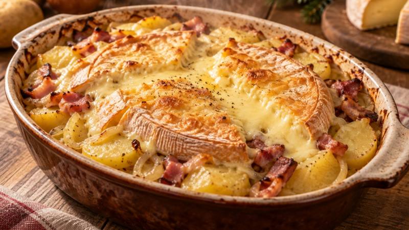 Tartiflette dorée au reblochon dans un plat à gratin