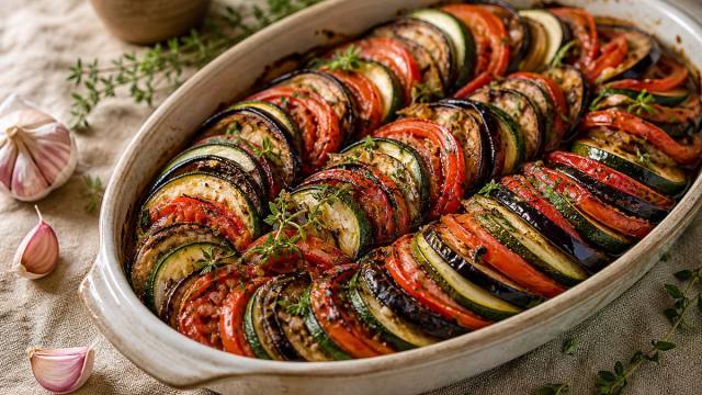 Tian de légumes d’été avec tranches de tomate courgette et aubergine dans un plat en céramique