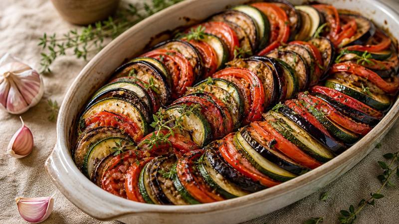 Tian de légumes d’été avec tranches de tomate courgette et aubergine dans un plat en céramique