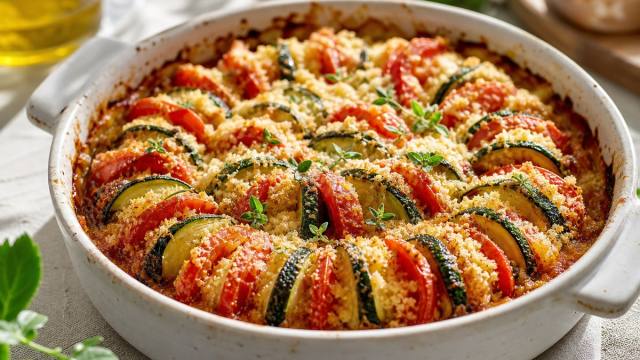 Gratin de tomates et courgettes au four avec chapelure dorée