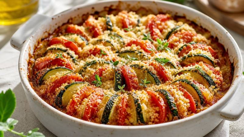Gratin de tomates et courgettes au four avec chapelure dorée