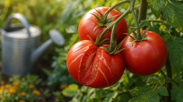 Tomate mûre fendue sur un plant au potager après un apport d’eau irrégulier