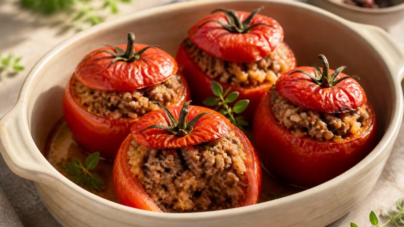 Tomates farcies garnies de viande et de riz dans un plat en céramique