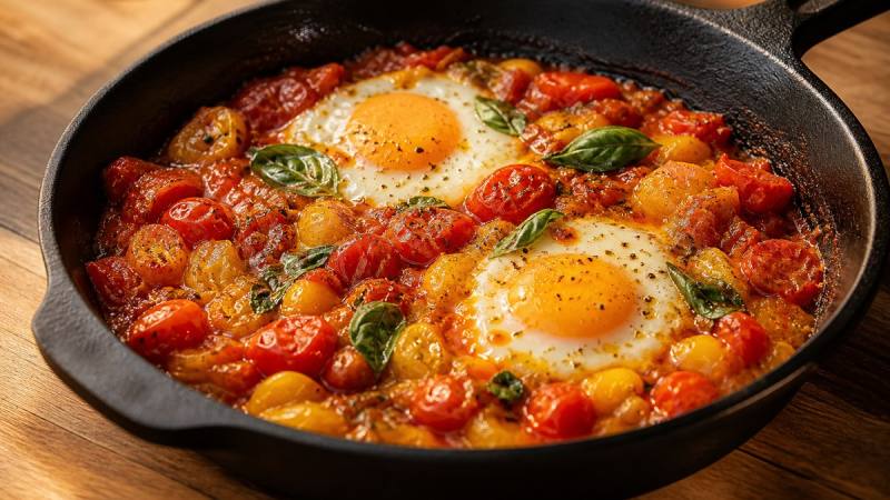 Poêlée de tomates compotées avec deux œufs et du basilic