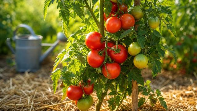 Pied de tomates au potager en juillet avec paillage et fruits rouges