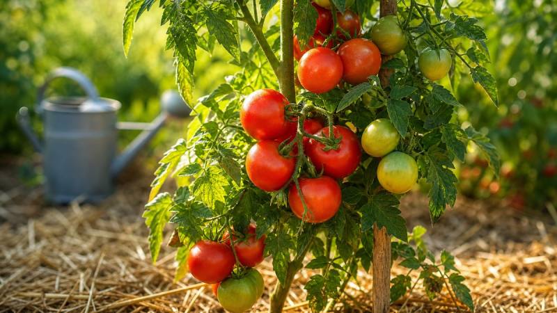 Pied de tomates au potager en juillet avec paillage et fruits rouges