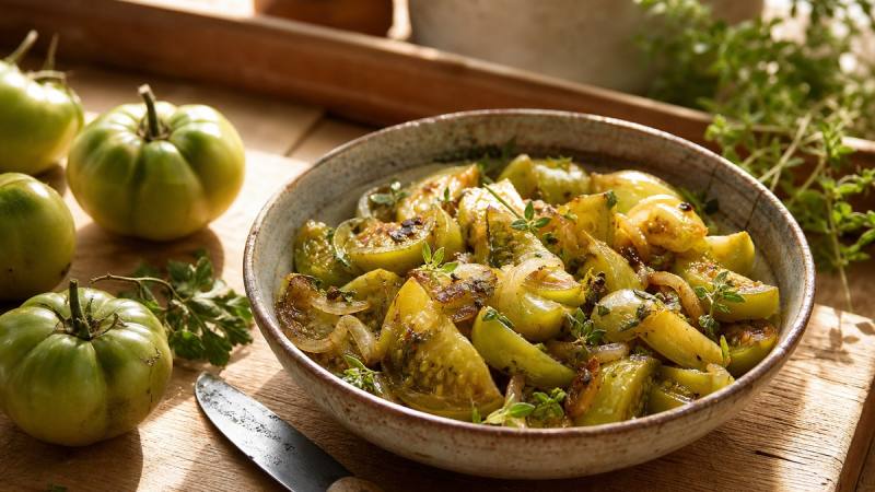 Tomates vertes cuisinées en poêlée acidulée avec oignons et herbes