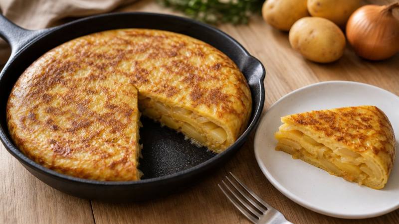 Tortilla espagnole épaisse aux pommes de terre, coupée dans une poêle