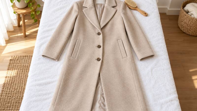 Manteau en laine beige posé à plat sur une serviette blanche avec une brosse textile