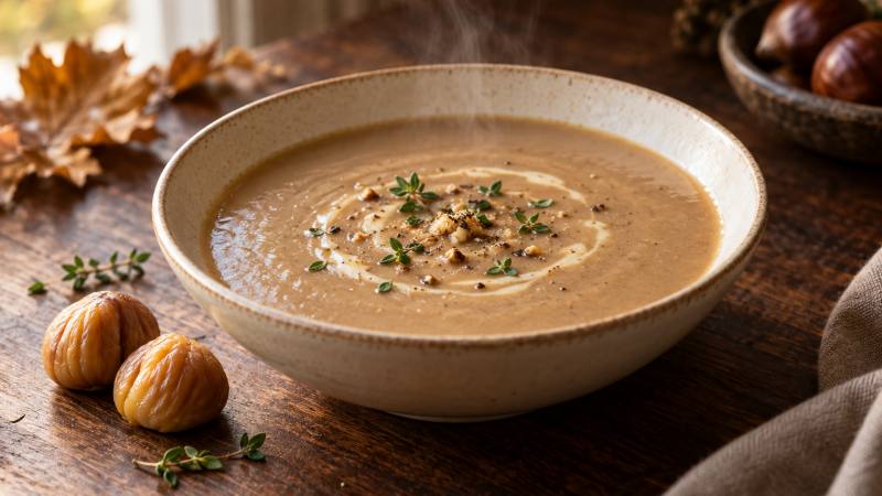 Bol de velouté de châtaignes crémeux, garni de châtaignes et de thym