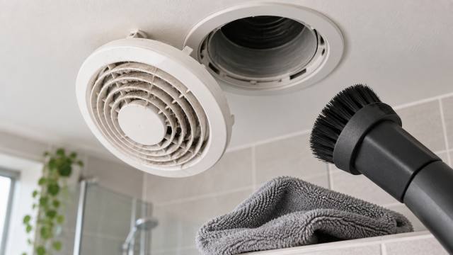 Bouche d’extraction VMC démontée avec microfibre et embout brosse d’aspirateur