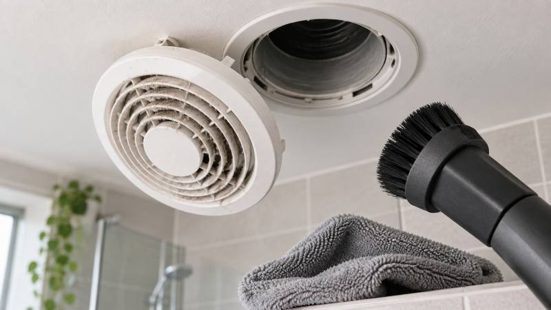 Bouche d’extraction VMC démontée avec microfibre et embout brosse d’aspirateur